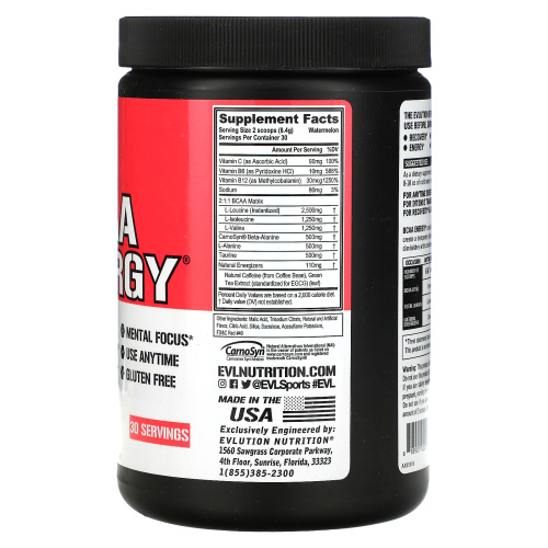 EVLution Nutrition, BCAA Energy, со вкусом арбуза, 252 г (8,89 унции) фото 2