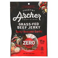 Country Archer Jerky, Вяленая говядина травяного откорма, без сахара, пряный кунжут и чеснок, 56 г (2 унции)