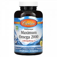 Carlson, Maximum Omega 2000, омега-3 кислоты из норвежской рыбы дикого улова, с натуральным лимонным вкусом, 2000 мг, 90 капсул (1000 мг в 1 капсуле)