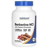 Nutricost, Berberine HCl With Ceylon Cinnamon, 1,200 mg, 120 Capsules (600 mg Per Capsule)