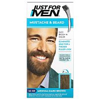 Just for Men, Mustache & Beard, гель для окрашивания усов и бороды с кисточкой в комплекте, оттенок темно-коричневый M-40, 2 шт. по 14 г