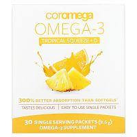 Coromega, Omega-3 + Vit D, тропический апельсин, 30 одноразовых пакетиков, 2,5 г каждый