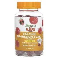 Lifeable, Kids Calcium, Magnesium &amp; Zinc + Vitamin D3 Gummies, Natural Raspberry, 60 Gummies