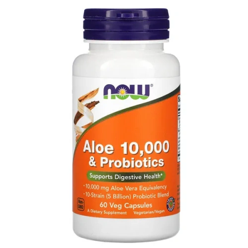 NOW Foods, Aloe 10,000 &amp; Probiotics, 60 Veg Capsules