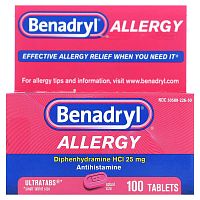 Benadryl, Allergy, Dipenhydramine HCl, 25 mg, 100 Tablets