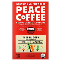 Peace Coffee, Organic Tree Hugger, Signature Blend, Dark Roast, 12 Pods, 0.32 oz (9.25 g) Each