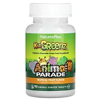 NaturesPlus, Animal Parade, Kid Greenz, Children&#x27;s Chewable Green Food Supplement, Tropical Fruit, 90 Animal-Shaped Tablets