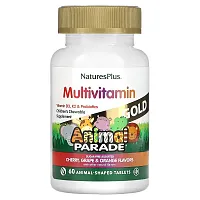 NaturesPlus, Animal Parade Gold, Children&#x27;s Chewable Supplement, Cherry, Grape &amp; Orange, 60 Animal-Shaped Tablets