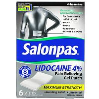 Salonpas, Лидокаин 4% обезболивающий гель-патч, максимальная сила действия, без запаха, 6 патчей