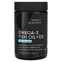 Sports Research, Omega-3 Fish Oil + D3, Triple Strength , 1,040 mg &amp; 62.5 mcg (2,500 IU), 120 Softgels