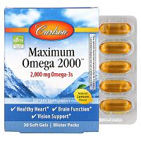 Carlson, Maximum Omega 2000, омега с натуральным лимонным вкусом, 2000 мг, 30 капсул (1000 мг в 1 капсуле)