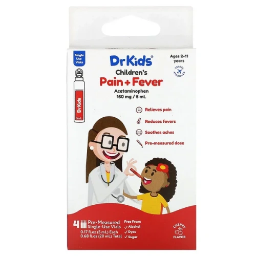 DrKids, Children&#x27;s Pain + Fever,  Ages 2-11 Years, Cherry, 4 Pre-Measured Single-Use Vials, 0.17 fl oz (5 ml) Each