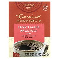 Teeccino, Mushroom Herbal Tea, Lion&#x27;s Mane Rhodiola, Rose, Caffeine Free, 10 Tea Bags, 2.12 oz (60 g)