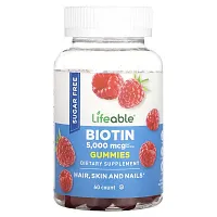 Lifeable, Biotin Gummies, Sugar Free, Natural Raspberry, 5,000 mcg, 60 Gummies (2,500 mcg per Gummy)