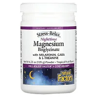 Natural Factors, Stress-Relax, Nighttime Magnesium Bisglycinate with Melatonin, Gaba &amp; L-Theanine, Tropical Fruit, 4.23 oz (120 g)