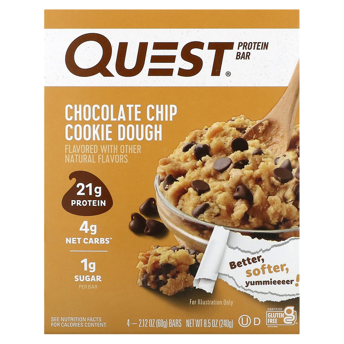 Quest Nutrition, Протеиновый батончик, тесто с шоколадной крошкой, 4  батончика, 60 г (2,12 унции)