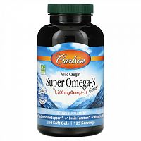 Carlson, Super Omega-3 Gems, высокоэффективные омега-3 кислоты из рыбы дикого улова, 1200 мг, 250 капсул (600 мг в 1 капсуле)