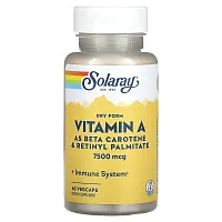 Solaray, Dry Form Vitamin A, 7,500 mcg, 60 VegCaps