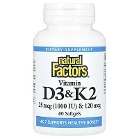 Natural Factors, Vitamin D3 &amp; K2, 25 mcg (1,000 IU) &amp; 120 mcg, 60 Softgels