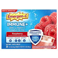 Emergen-C, Immune+ Vitamin C + Vitamin D &amp; Zinc, Raspberry, 30 Packets, 0.31 oz (8.8 g) Each