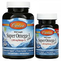 Carlson, Super Omega-3 Gems, высокоэффективные омега-3 кислоты из рыбы дикого улова, 1200 мг, 100 + 30 капсул (600 мг в 1 капсуле)