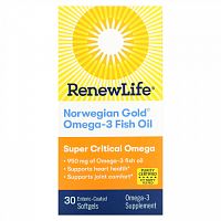 Renew Life, Рыбий жир с омега-3 Norwegian Gold, 1045 мг, 30 мягких таблеток с кишечнорастворимой оболочкой