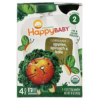 Happy Family Organics, Happy Baby, органический продукт, для детей от 6 месяцев, яблоки, шпинат и капуста, 4 пакетика по 113 г (4 унции)