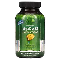 Irwin Naturals, High Potency Mega D3 &amp; K2 + Turmeric Extract, 60 Liquid Soft-Gels