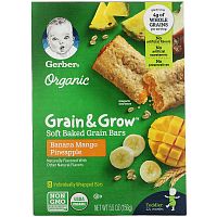 Gerber, Organic, Grain & Grow, батончики из мягкого запеченного зерна, от 12 месяцев, банан, манго и ананас, 8 батончиков в индивидуальной упаковке, 19 г (0,68 унции)