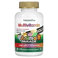 NaturesPlus, Animal Parade Gold, Children&#x27;s Chewable Multivitamin Supplement, Cherry, Grape &amp; Orange, 120 Animal-Shaped Tablets