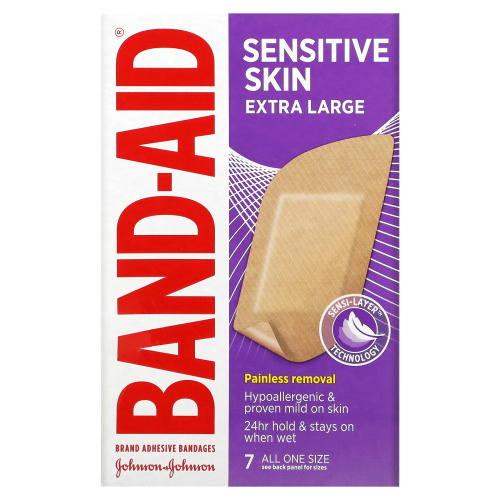 Band Aid, Бинты, очень большие, для чувствительной кожи, 7 шт.