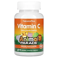 NaturesPlus, Animal Parade, Vitamin C, Children&#x27;s Chewable Supplement, Sugar Free, Orange Juice, 90 Animal-Shaped Tablets