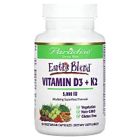 Paradise Herbs, Earth&#x27;s Blend, Vitamin D3 + K2, 5,000 IU, 90 Vegetarian Capsules