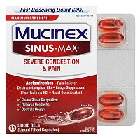 Mucinex, Sinus-Max, Severe Congestion &amp; Pain, Maximum Strength, For Ages 12+, 16 Liquid Gels