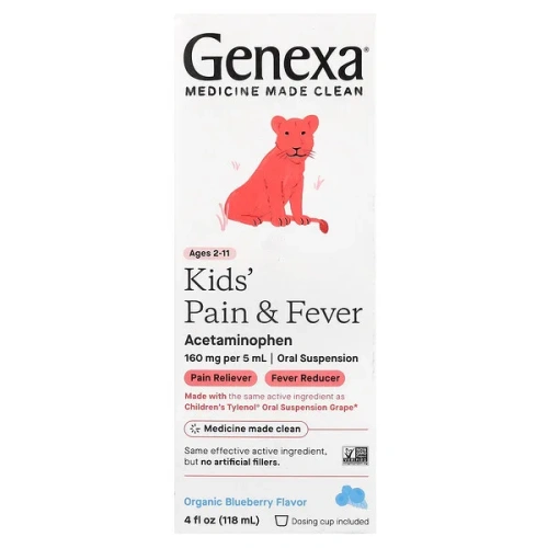 Genexa, Kids&#x27; Pain &amp; Fever, Ages 2-11, Organic Blueberry, 4 fl oz (118 ml)