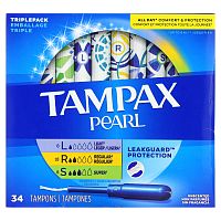 Tampax, Жемчуг, тройная упаковка, легкий / обычный / супер, без запаха, 34 тампона