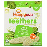 Happy Family Organics, Organic Teethers, вафли для защиты зубов, горох и шпинат, 12 пакетиков по 4 г (0,14 унции)