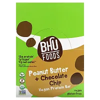 BHU Foods, Vegan Protein Bar, Peanut Butter + Chocolate Chip, 12 Bars, 1.6 oz (45 g) Each