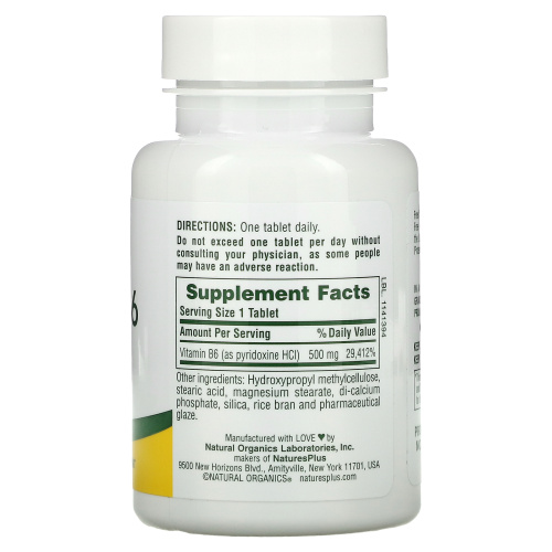 Nature's Plus, Vitamin B6, 500 mg, 60 Tablets фото 2