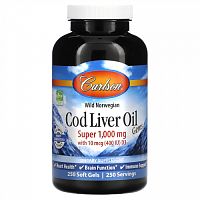 Carlson, Cod Liver Oil Gems, капсулы из жира печени дикой норвежской трески, высшего качества, 1000 мг, 250 капсул