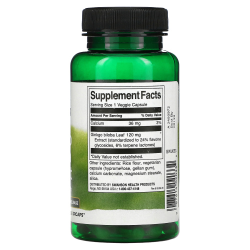 Swanson, Ginkgo Biloba Extract, 120 mg, 100 Veggie DRcaps фото 2