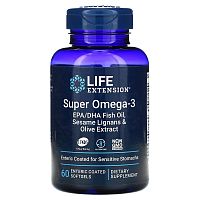 Life Extension, Super Omega-3, рыбий жир с ЭПК и ДГК, лигнанами кунжута и экстрактом оливы, 60 капсул, покрытых кишечнорастворимой оболочкой