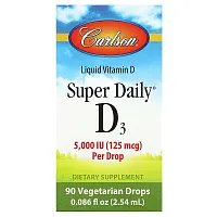 Carlson, Super Daily, D3, 125 mcg (5,000 IU), 90 Vegetarian Drops, 0.086 fl oz (2.54 ml)