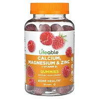 Lifeable, Calcium, Magnesium &amp; Zinc + Vitamin D3 Gummies, Natural Raspberry, 90 Gummies