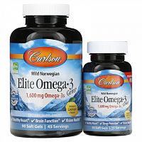 Carlson, Elite Omega-3 Gems, отборные омега-3 кислоты из норвежской рыбы дикого улова, натуральный лимонный вкус, 1600 мг, 120 капсул (800 мг в 1 капсуле)