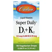 Carlson, Super Daily D3 + K2, 125 mcg (5,000 IU) &amp; 90 mcg, 90 Vegetarian Drops, 0.086 fl oz (2.54 ml)