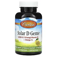 Carlson, Solar D Gems® , Vitamin D3 + Omega-3s, Natural Lemon, 120 Soft Gels