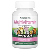 NaturesPlus, Animal Parade, Children&#x27;s Chewable Multivitamin Supplement, Watermelon, 90 Animal-Shaped Tablets