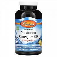 Carlson, Maximum Omega 2000, омега-3 кислоты из норвежской рыбы дикого улова, с натуральным лимонным вкусом, 2000 мг, 180 капсул (1000 мг в 1 капсуле)