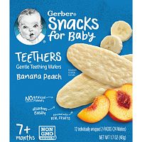 Gerber, Детские снэки, прорезыватели, вафли для защиты зубов, от 7 месяцев, банан и персик, 12 пакетиков по 2 шт. В индивидуальной упаковке, по 2 вафли